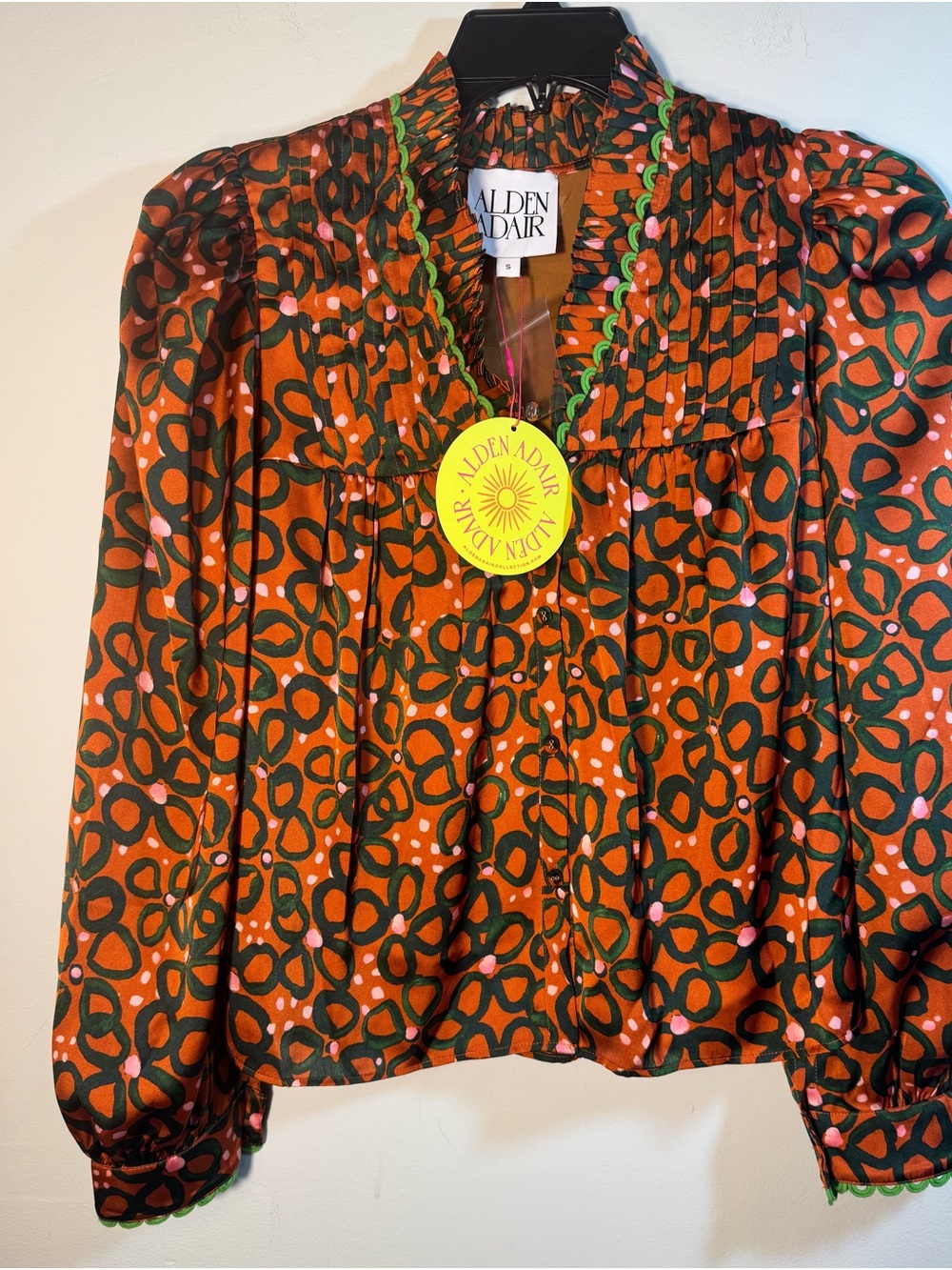 Alden Adair Orange Abstract Printed Puff-Sleeve Blouse